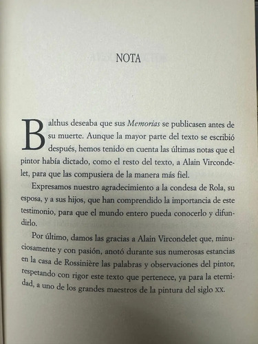 Balthus: Memorias / Edición De Alain Vircondelet