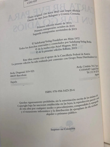 Carta Breve Para Un Largo Adiós - Peter Handke